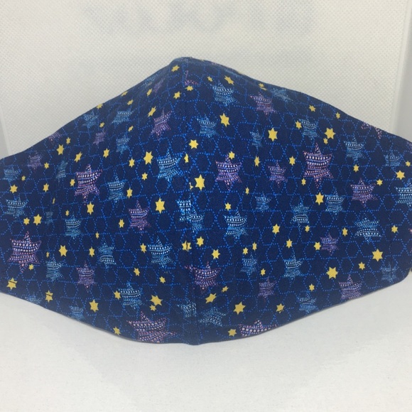 HANUKKAH STARS 100% COTTON 3-LAYER MASK & LANYARD - Picture 2 of 9